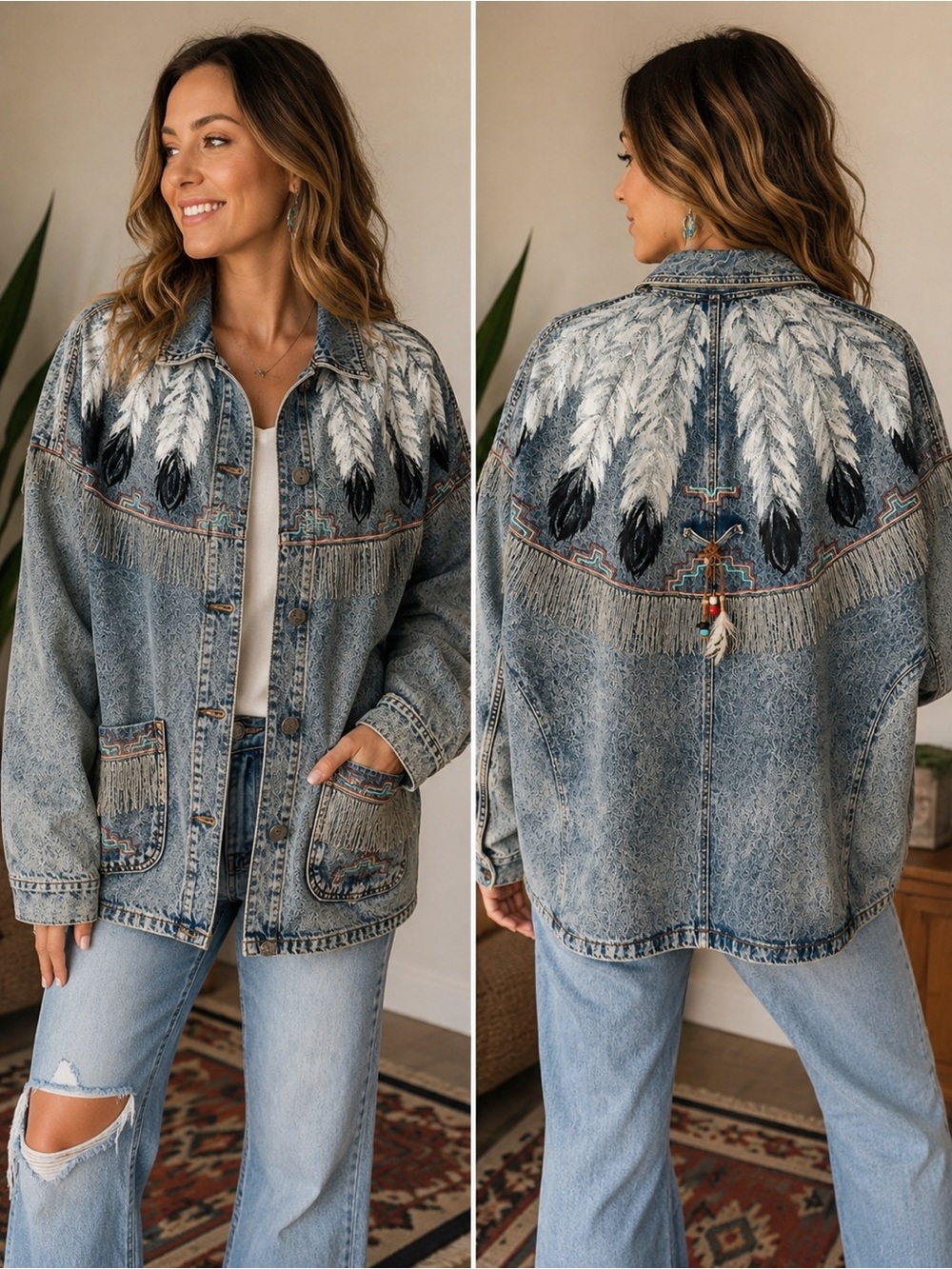 Embroidered Feather Denim Jacket - Blue